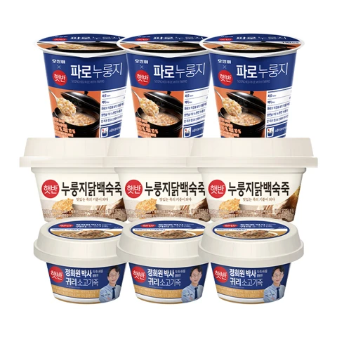 [무료배송]햇반 누룽지닭백숙죽X3개+귀리소고기죽X3개+파로컵누룽지X3개