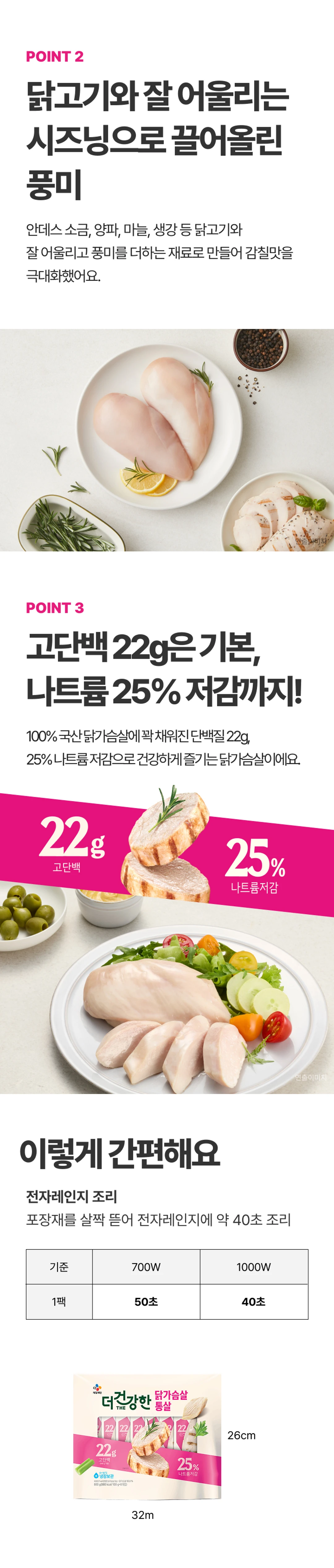 더건강한 닭가슴살 촉촉 통살 800g POINT 2 및 조리법 — 안데스 소금 시즈닝 풍미, 국산 닭가슴살 단백질, 전자레인지 조리 가이드