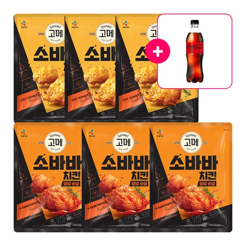 [사은품] 코카-콜라 제로 PET500ml+고메 소바바치킨 소이허니 순살 375g x 3개+양념 순살 375g x 3개