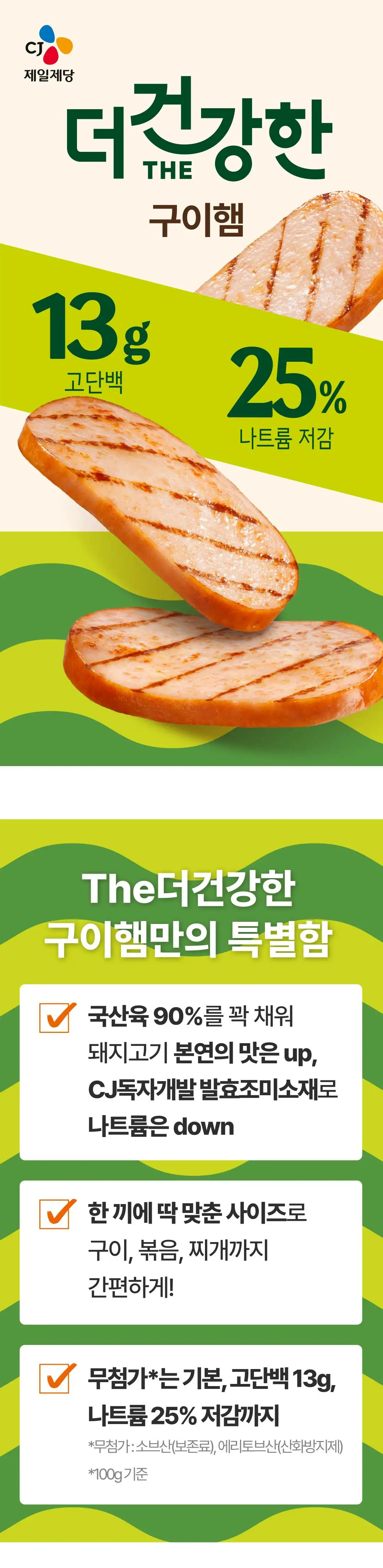 더건강한 구이햄 160g 특징 — 국산육 90% 함유, 나트륨 25% 저감, 고단백 13g 및 무첨가 정보