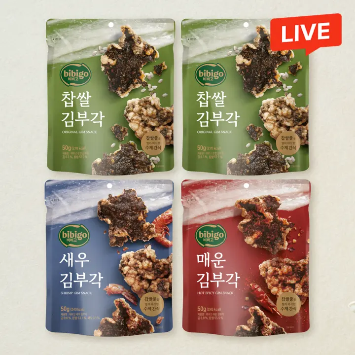 [김부각3종세트] 비비고 찹쌀 김부각 50gX2개+새우 김부각 50g+매운 김부각 50g(총 4개)