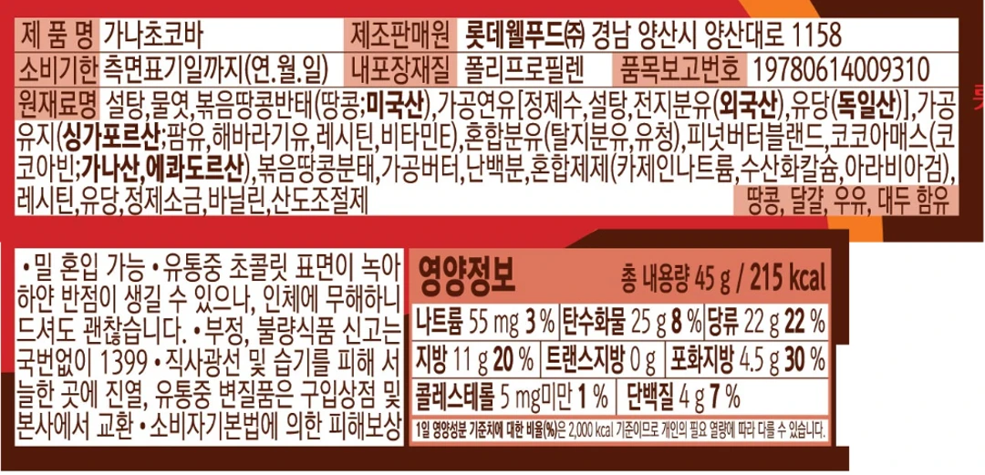 롯데 가나초코바 땅콩 표시문안 — 미국산 볶음땅콩반태 원재료명 및 1회 제공량 영양정보 표기