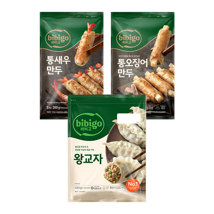 비비고 왕교자 1.05kg+통새우만두 200g+통오징어만두 200g