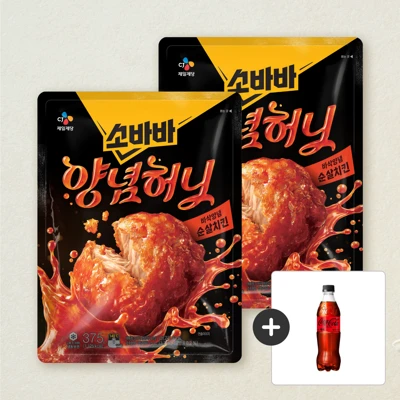 [무료배송] 소바바치킨 양념 순살 375gX2개+[사은품]코카-콜라 제로 500ml (총 3개)