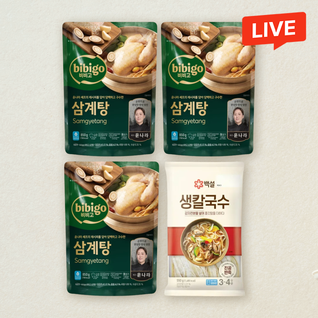 [CJ더마켓] 닭칼세트🍜비비고 윤주모 냉장삼계탕 850gX3개+백설 생칼국수면 550g