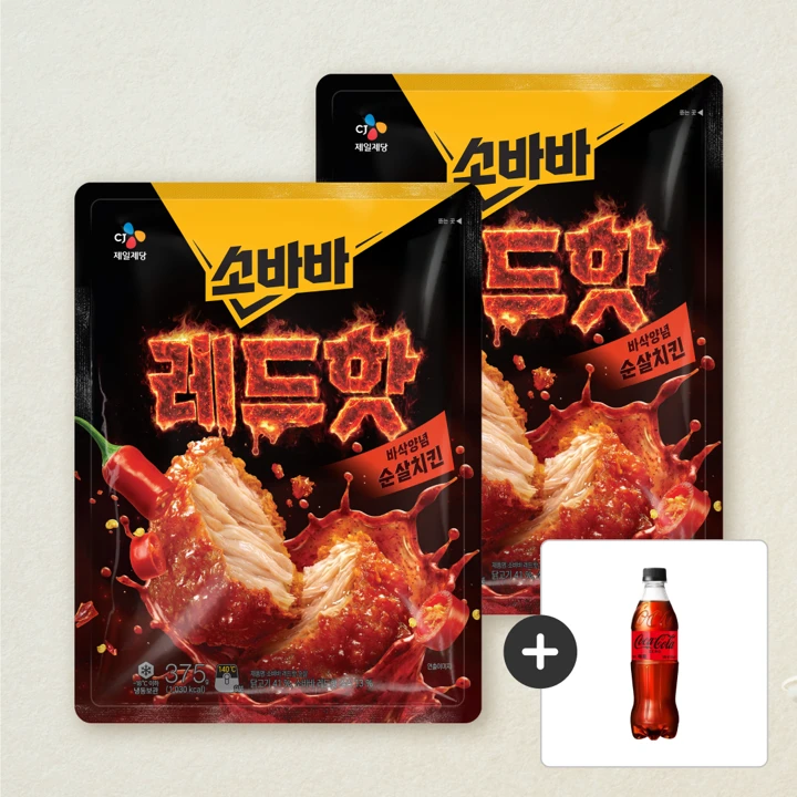 [무료배송]소바바치킨 레드핫 순살 375gX2개+[사은품]코카-콜라 제로 500ml (총 3개)