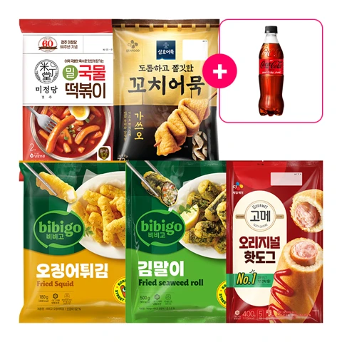 [분식모둠] 밀 국물떡볶이+꼬치어묵+오징어튀김+김말이+핫도그+[사은품]코카-콜라 제로 500ml 총 6개