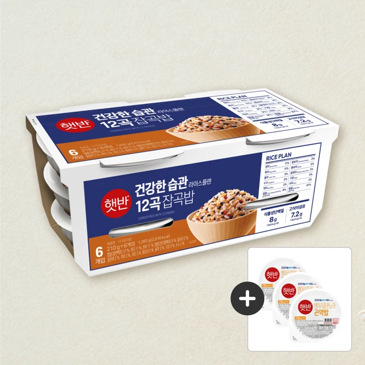 햇반 라이스플랜 12곡 잡곡밥 210g, 6개+[증정]병아리콩퀴노아곤약밥 190g, 3개