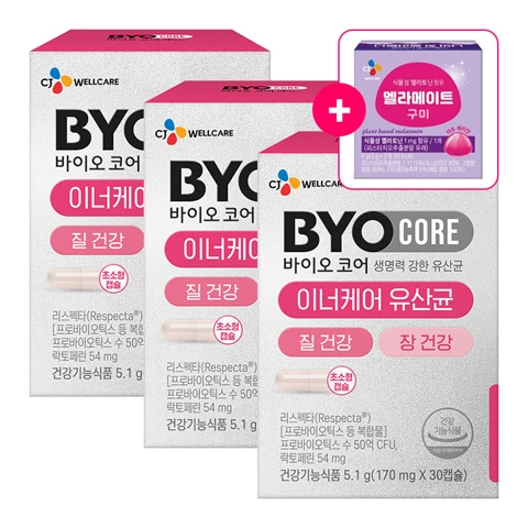 바이오코어 이너케어 유산균 30캡슐(1개월)X3개 + [사은품] 멜라메이트 구미 2입(식물성 멜라토닌 함유)