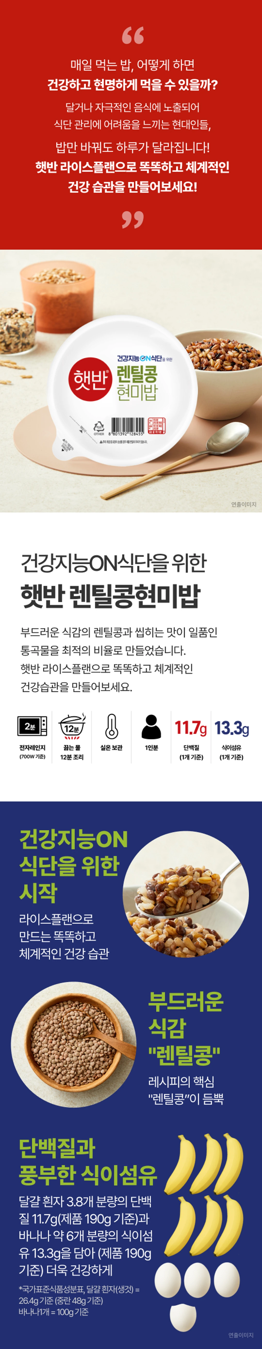 햇반 라이스플랜 렌틸콩현미밥 특징 — 단백질 11.7g, 식이섬유 13.3g 함유 및 전자레인지 2분 조리법