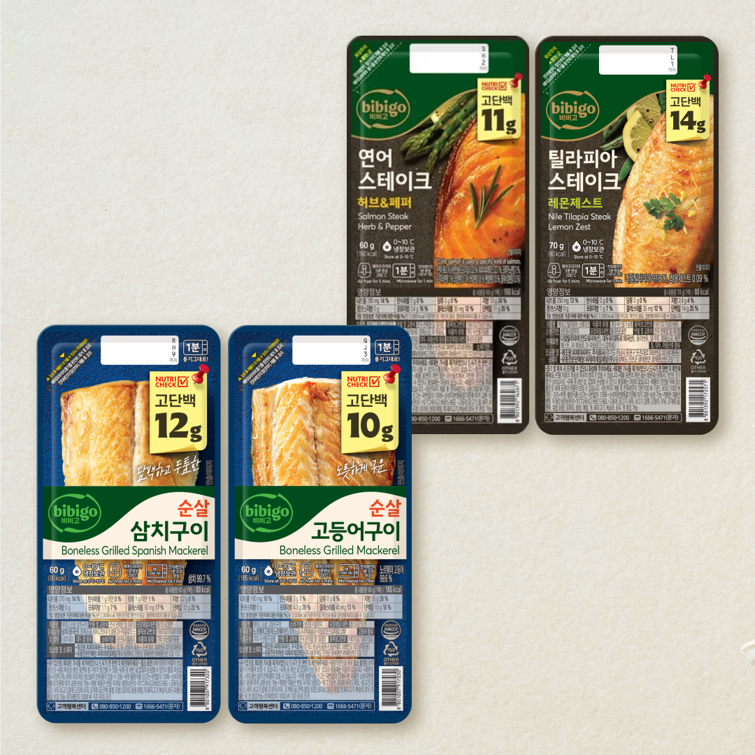 [제일고단백 set] 비비고 연어 스테이크 60g+틸라피아 스테이크 70g+순살 고등어구이 60g+순살 삼치구이 60g