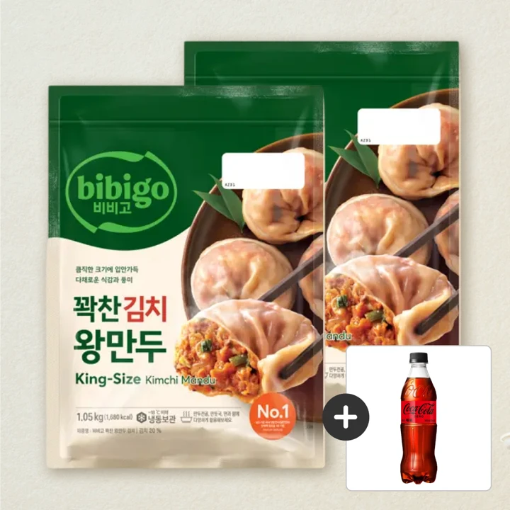 [무료배송]비비고 꽉찬 왕만두 김치 1.05kg, 2개+[사은품]코카-콜라 제로 500ml (총 3개)