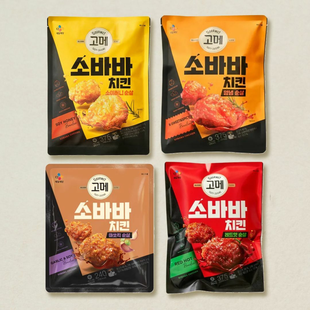 [CJ더마켓] [소바바순살플래터]고메 소바바치킨 소이허니+양념+마쏘킥+레드핫375g 총 4개