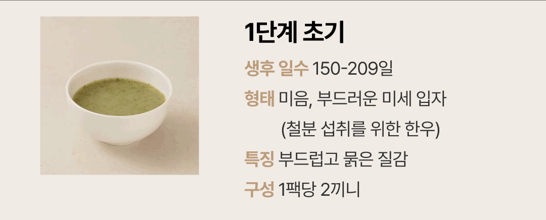 이너프 이유식 밀키트 1단계 초기 — 생후 150에서 209일용 미음 형태의 부드럽고 묽은 질감