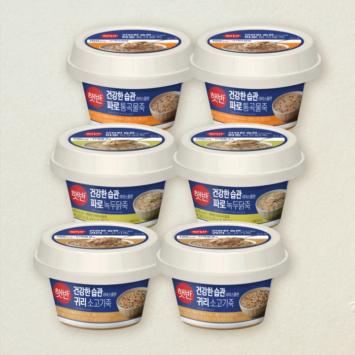 [용기죽세트]햇반 파로통곡물죽265g+귀리소고기죽265g+파로녹두닭죽265g 각 2개 (총 6개)