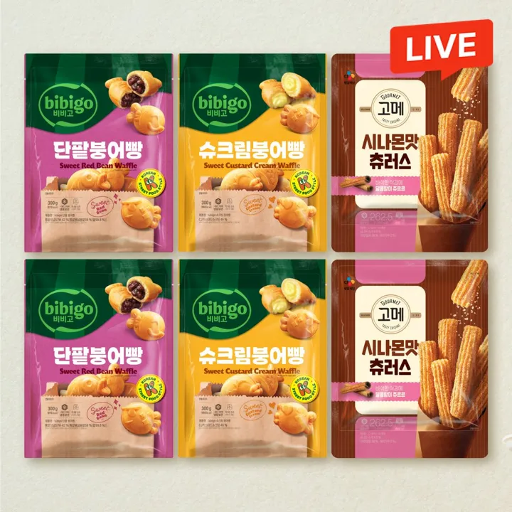 [디저트세트] 비비고 단팥 붕어빵 300gX2개+슈크림 붕어빵 300gX2개+고메 시나몬 츄러스 262.5gX2개(총 6개)
