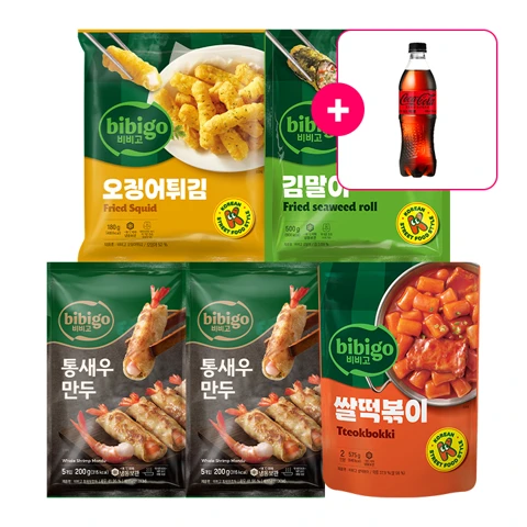 [사은품] 코카-콜라 제로 PET500ml+비비고 통새우만두 200gX2개+비비고 오징어튀김 180g+비비고 김말이 500g+비비고 쌀떡볶이 575g