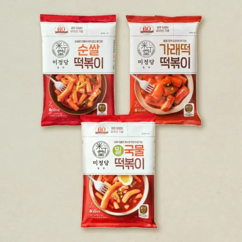 [떡볶이세트]미정당 가래떡떡볶이 400g+밀국물떡볶이 401.2g+순쌀떡볶이 401.2g