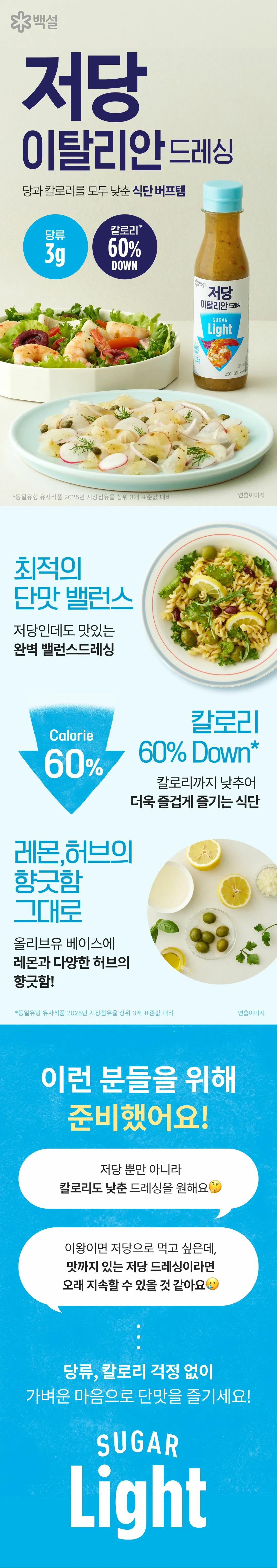 백설 저당 이탈리안드레싱 250g 소개 — 당류 3g 및 칼로리 60% 저감, 올리브유 베이스와 레몬 허브 풍미