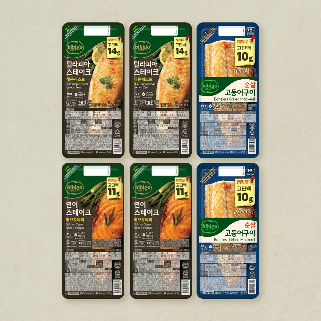 [CJ더마켓] [단백질생선세트]비비고 틸라피아 스테이크 70gX2개+연어 스테이크 60gX2개+순살고등어구이 60gX2개(총6개)