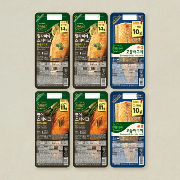 [고단백생선세트]비비고 틸라피아 스테이크 70gX2개+연어 스테이크 60gX2개+순살 고등어구이 60gX2개 (총 6개)