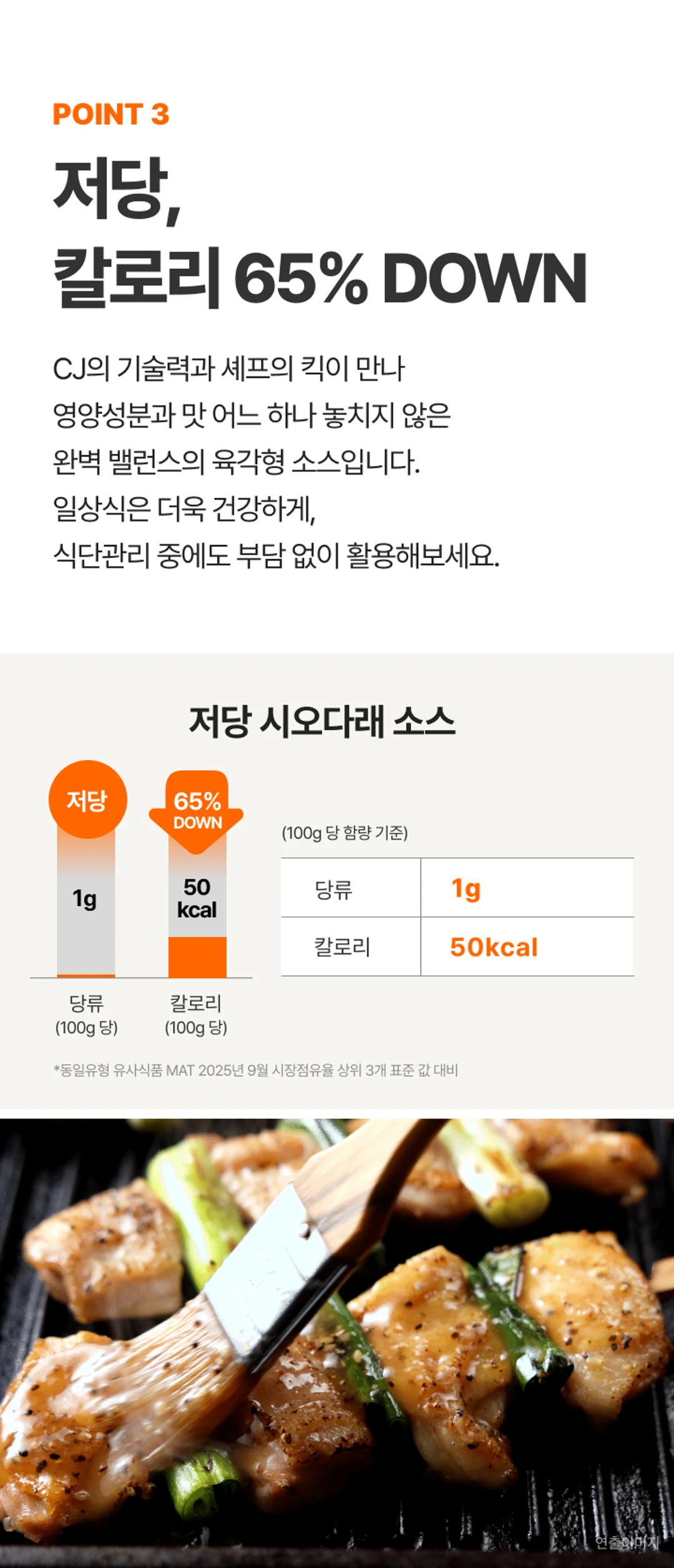 백설 저당 시오다래소스 영양 정보 — 100g 당 함량 기준 당류 1g, 칼로리 50kcal 설계