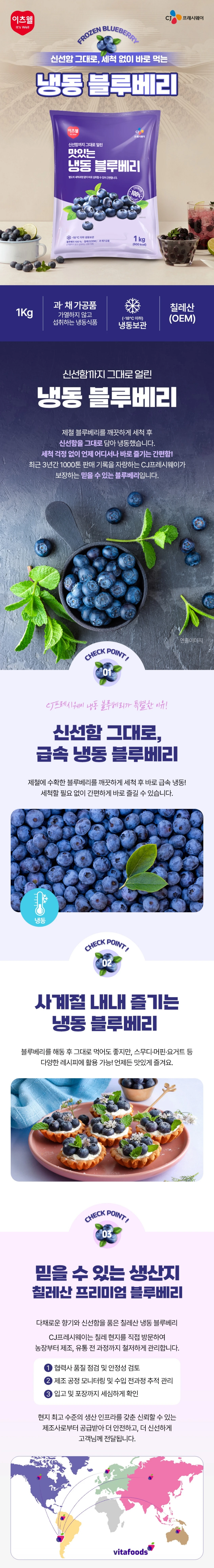 이츠웰 냉동블루베리 1kg 소개 — 세척 없이 바로 먹는 냉동 블루베리, 칠레산 OEM, 영하 18도 이하 냉동보관