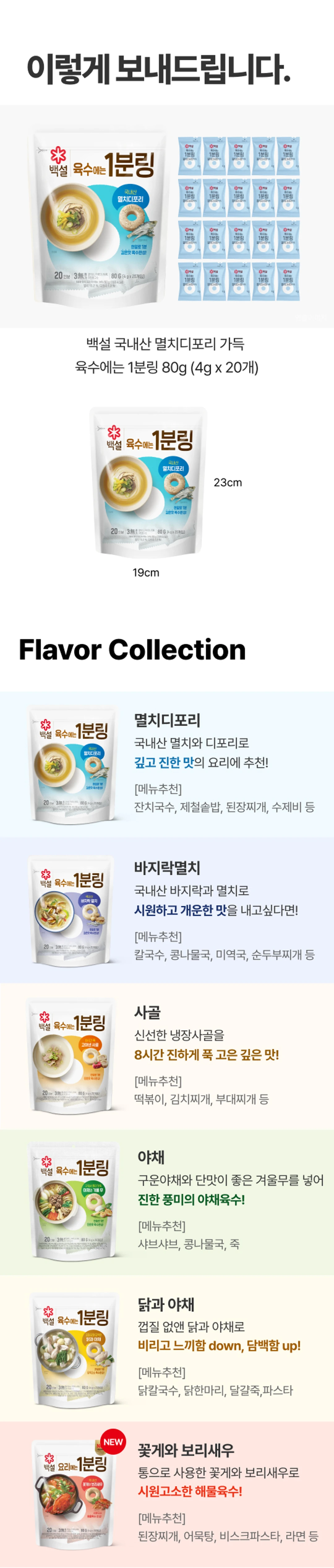 백설 멸치디포리 육수에는 1분링 패키지 — HACCP 인증 마크, 3무첨가 표시 및 80g 개별 포장 구성 안내