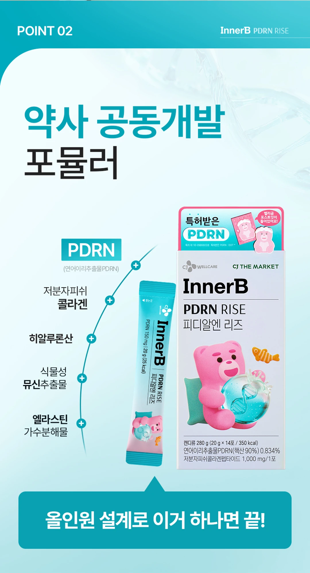 이너비 PDRN 리즈 POINT 02 — 이승희 약사 공동개발 포뮬러, 저분자피쉬콜라겐, 히알루론산, 식물성 뮤신, 엘라스틴 올인원 설계