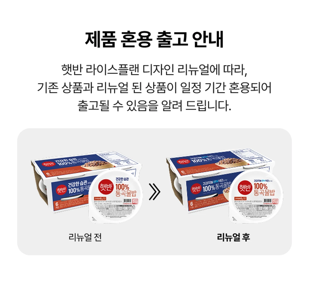 햇반 라이스플랜 100%통곡물밥 130g 디자인 리뉴얼 안내 — 패키지 변경 사항 및 혼용 출고 안내