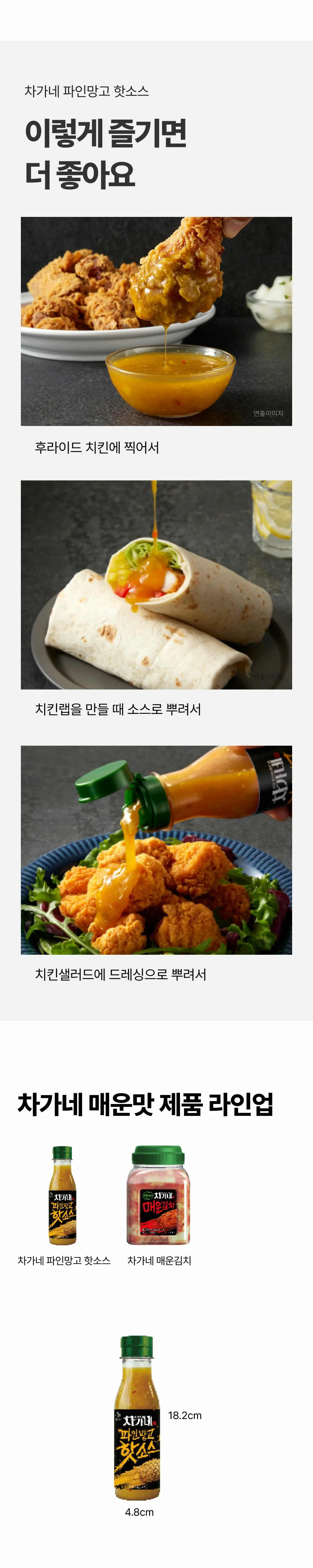 CJ 망고파인핫소스 250g 조리법 가이드 — 후라이드 치킨 디핑 소스, 치킨랩 및 치킨샐러드 드레싱 활용