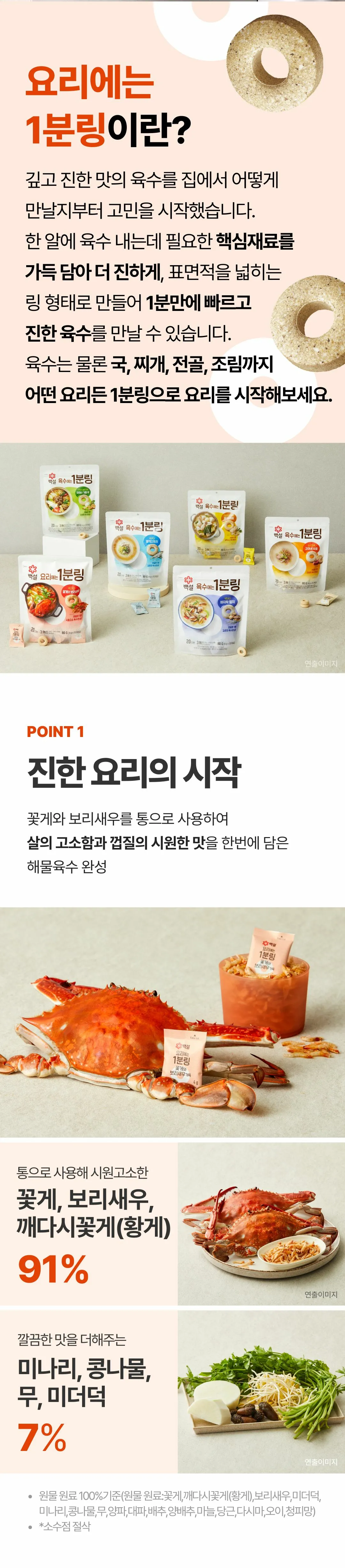 백설 요리에는 1분링 꽃게와 보리새우 원료 — 꽃게와 보리새우를 통으로 사용한 해물육수, 미나리 콩나물 무 미더덕 함유