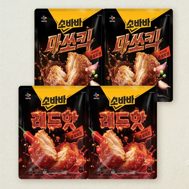 [무료배송]소바바 마쏘킥 375gX2개+치킨레드핫 순살 375gX2개 (총 4개)