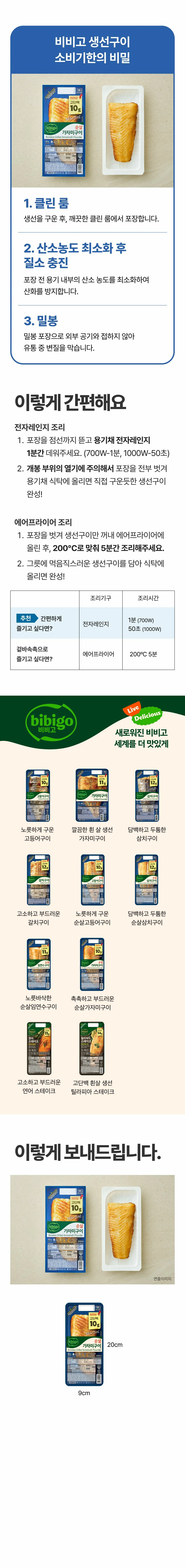 비비고 순살 가자미구이 조리법 가이드 — 전자레인지 1분 조리 및 에어프라이어 200도 5분 조리 방법 안내
