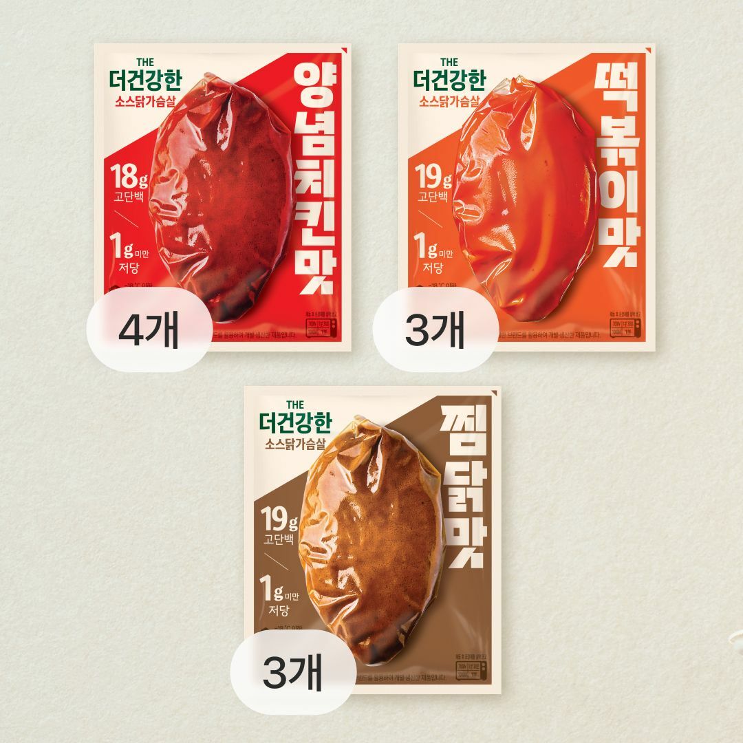 [CJ더마켓] [소스닭가슴살 저당세트]더건강한 찜닭맛X3개+떡볶이맛X3개+양념치킨맛X4개 총 100gX10개
