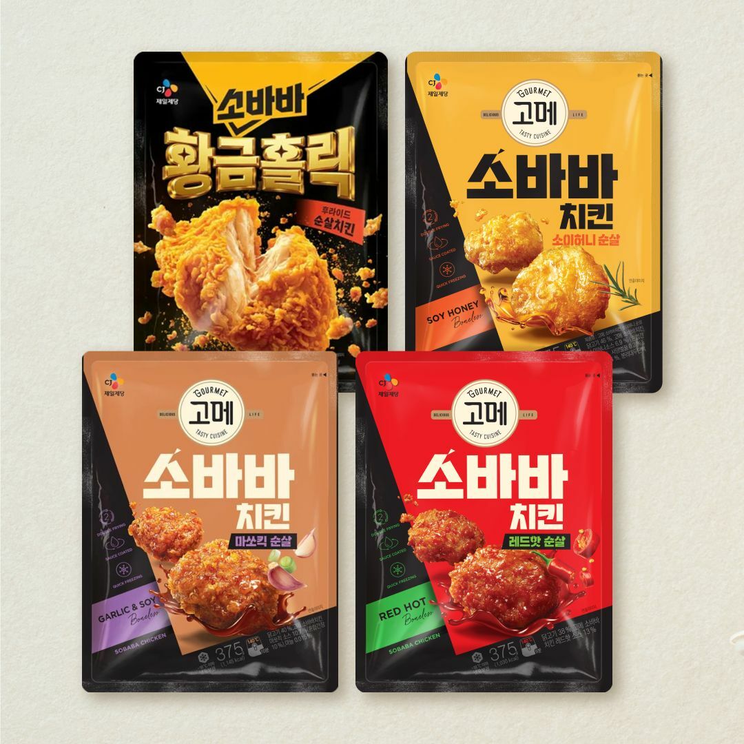[CJ더마켓] [무료배송]소바바 순살 황금홀릭+레드핫+마쏘킥+소이허니 375g (총 4개)
