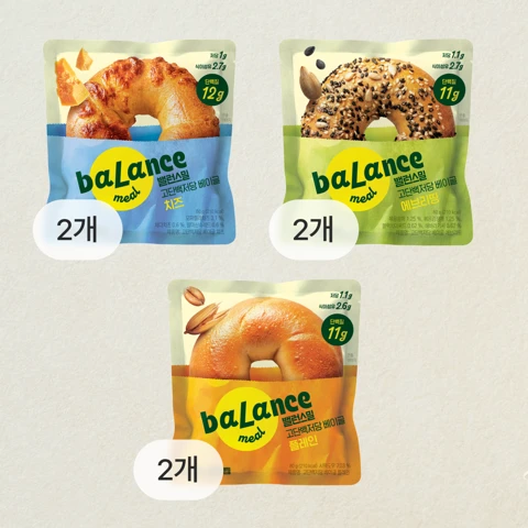 [밸런스밀 고단백저당 베이글] 플레인80gX2개+치즈80gX2개+에브리띵80gX2개