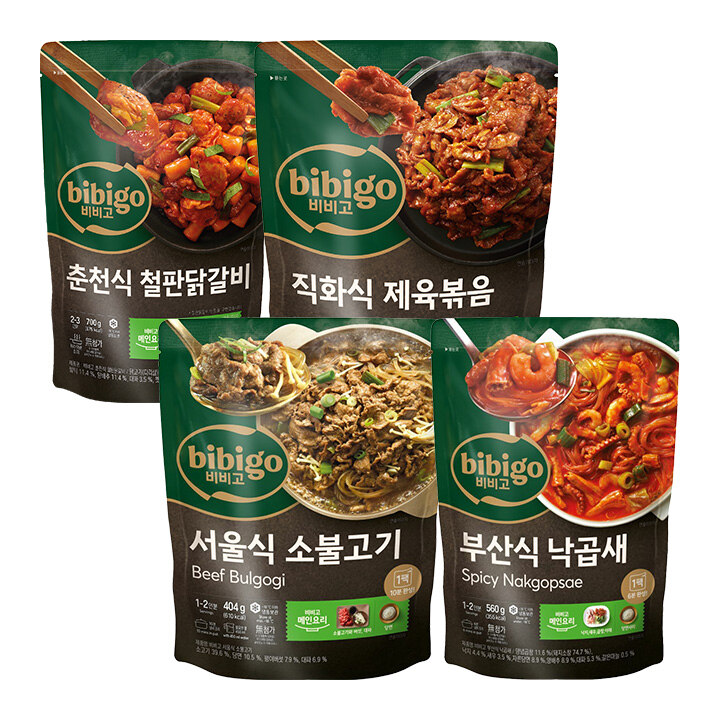 [일 100개 한정]비비고 메인요리 4종(춘천식철판닭갈비, 직화식제육볶음, 서울식소불고기, 부산식낙곱새 각 1개)