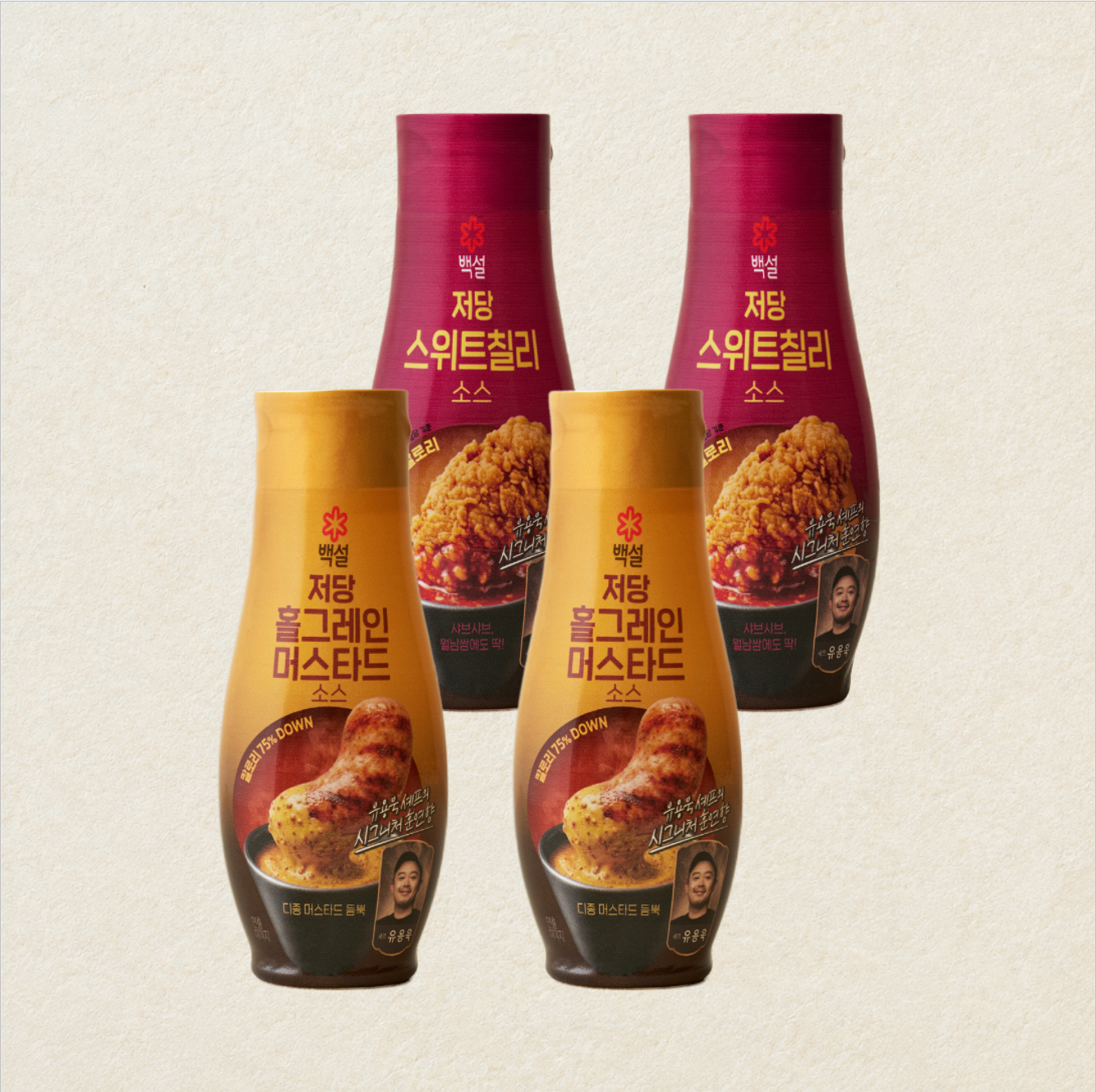 [무료배송] 백설 저당 홀그레인머스터드 소스 255g,2개+스위트칠리 소스 255g,2개(총 4개)