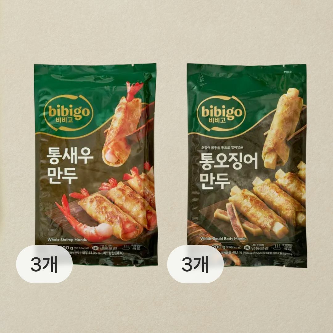 [CJ더마켓] 비비고 통새우만두 200gX3개 + 비비고 통오징어만두 200gX3개(총6개)