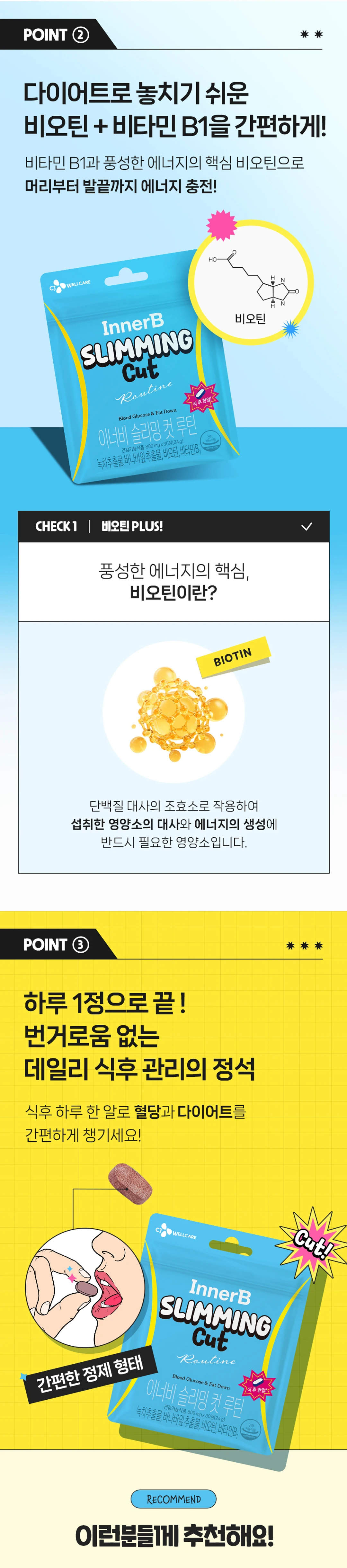 이너비 슬리밍 컷 루틴 영양 성분 — 단백질 대사와 에너지 생성에 필요한 비오틴 및 비타민 B1 배합, 간편한 정제 형태