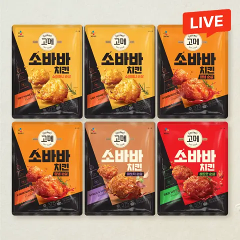 고메 소바바치킨 소이허니 순살 375gX2개+양념 순살 375gX2개+마쏘킥 순살 375g+레드핫 순살 375g(총 6개)