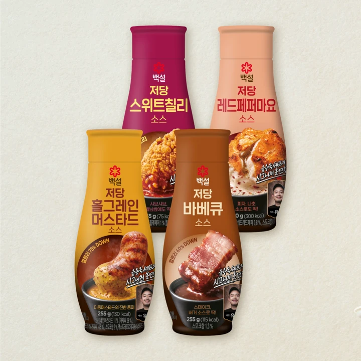[무료배송] 백설 저당 홀그레인머스터드 소스 255g+레드페퍼마요 소스 250g+스위트칠리 소스 255g+바베큐소스 255g(총 4개)