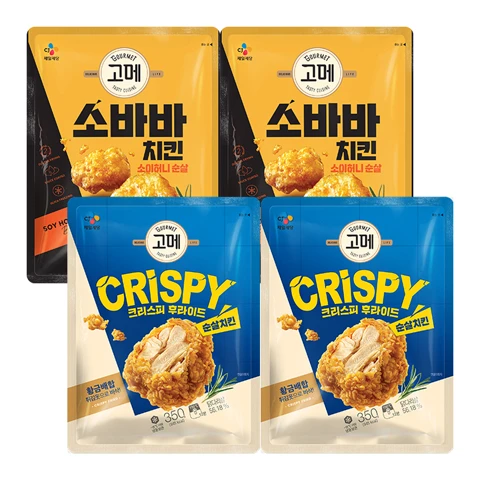 [300개한정][순살치킨세트]고메 소바바치킨 소이허니 순살 375g X 2개+고메 크리스피 후라이드 순살치킨 350g X 2개