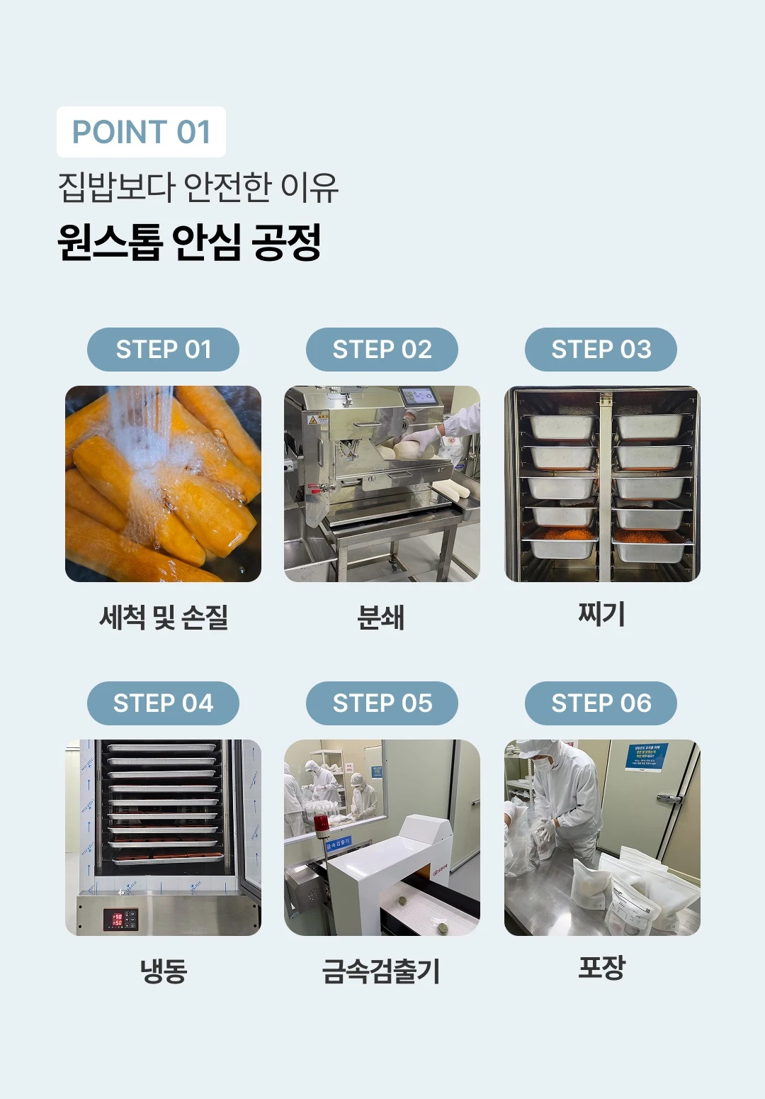 이너프 이유식 밀키트 중기 원스톱 안심 공정 — 세척, 손질, 분쇄, 찌기, 냉동, 금속검출기, 포장 단계