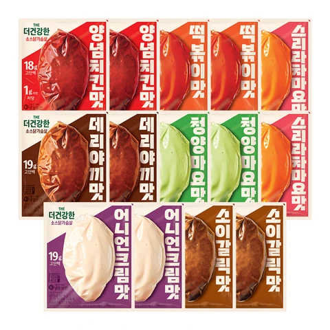 [2주팩] 더건강한 소스 닭가슴살 7종 각 2개(양념치킨, 떡볶이, 데리야끼, 청양마요, 스리라차마요, 어니언크림, 소이갈릭)