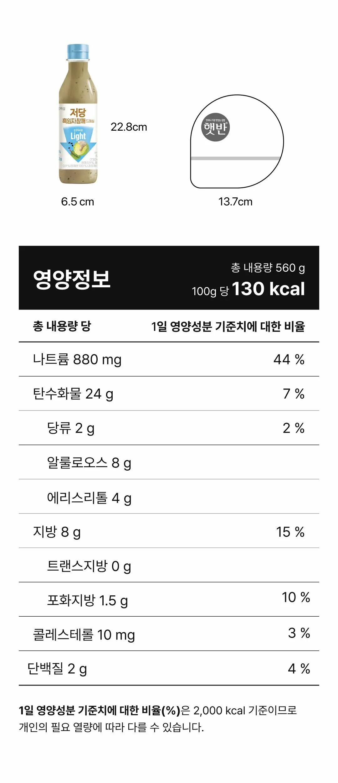 백설 저당 흑임자참깨드레싱 영양 정보 — 총 내용량 560g 기준 영양성분표, 나트륨 및 당류 함량 표시