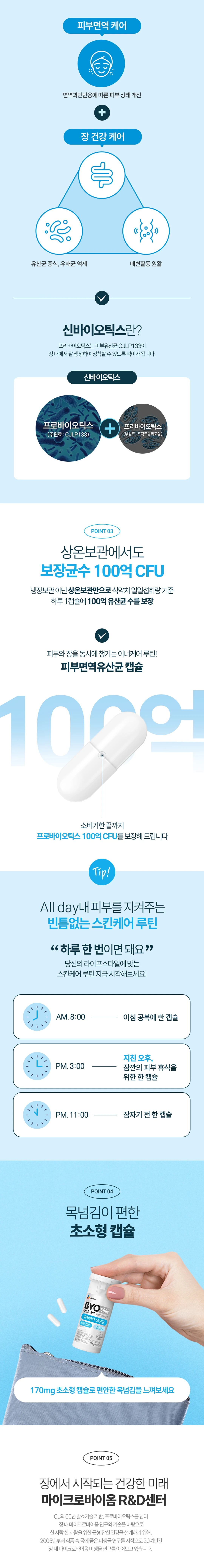 바이오코어 피부면역 유산균 30캡슐 3가지 포인트 — 피부면역 및 장 건강 케어, 신바이오틱스 포뮬러, 상온보관 100억 CFU 보장