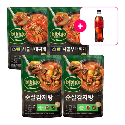 [사은품] 코카-콜라 제로 PET500ml+[2인분] 비비고 스팸사골부대찌개700g(냉동) x 2개+[2인분] 비비고 순살감자탕700g(냉동) x 2개
