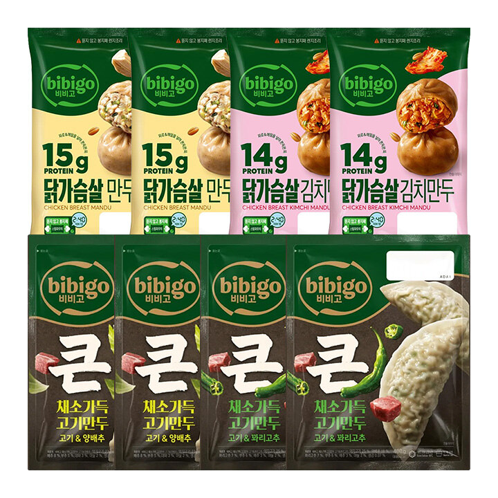 [만두세트] 비비고 채소가득만두 양배추400gX2개+꽈리고추 400gX2개+닭가슴살만두 만두 168gX2개+김치만두 168gX2개(총 8개)